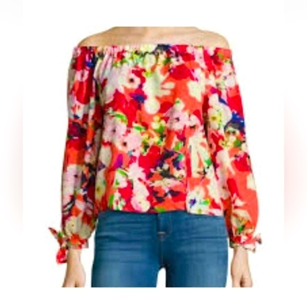 Yumi Kim women’s size small Tie Sleeve Bright Floral Print Off The Shoulder Top